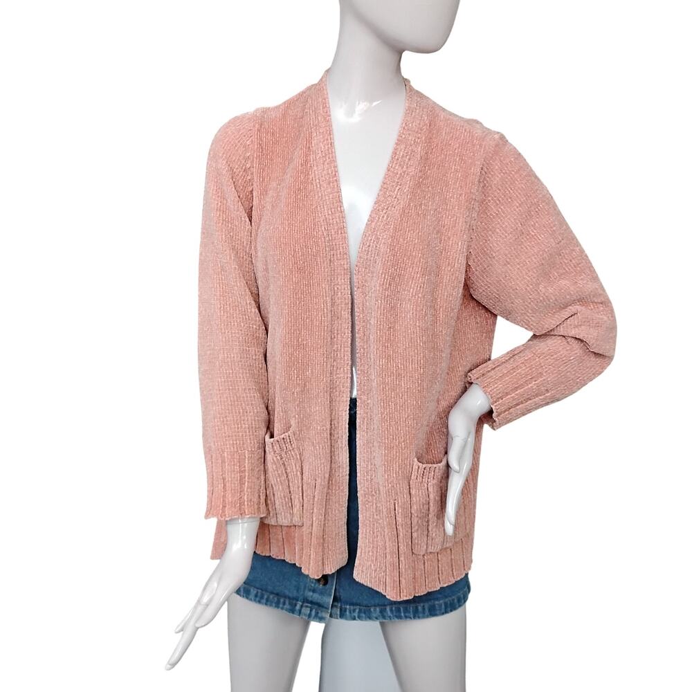 Seven7 Chenille Open Cardigan Sweater Peach Pink Long Sleeve Front Pockets